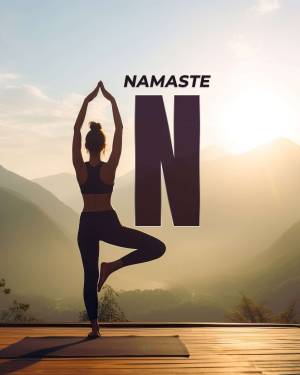 Woman in yoga pose with 'Namaste' text and large 'N' letter