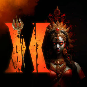 Digital art depicting the Hindu goddess Durga with a large 'X' symbol