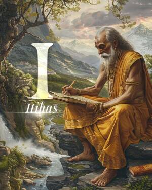 A digital painting of a wise sage writing in a book with a mountainous landscape in the background.