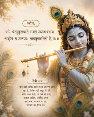 Lord Krishna playing the flute with a Bhagavad Gita Sanskrit shloka and its Hindi meaning