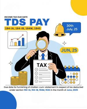 Illustration of a man reviewing tax documents with a magnifying glass, reminding about the TDS due date.