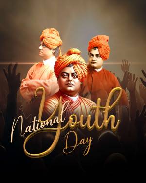 Image commemorating National Youth Day with portraits of Swami Vivekananda and a crowd of raised hands.