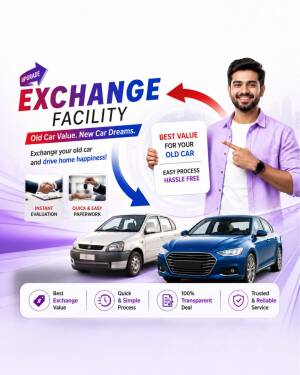 A smiling man pointing at a sign advertising a car exchange facility with a white car and a blue car below.