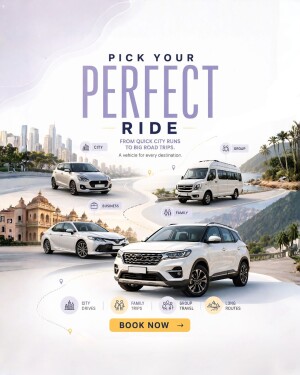 Various vehicles including a hatchback, van, sedan, and SUV showcased for travel rental services