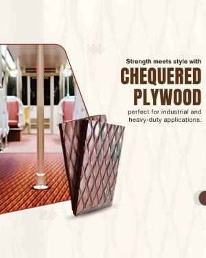 Close-up of chequered plywood with a background of a train interior.
