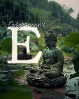 Buddha statue in a rainy garden