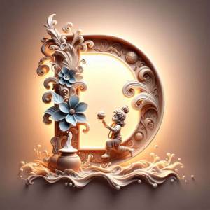A highly detailed, ornate letter 'D' with a miniature illustration of a girl with a lamp inside.