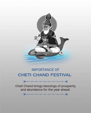 Image depicting Jhulelal, the deity revered in the Cheti Chand festival, seated on a fish with text about the festival's importance.