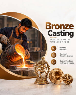 A craftsman pouring molten metal into a mold with finished bronze statues and industrial components in the foreground.