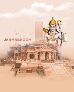 Image of Lord Rama with the Ram Mandir construction in the background