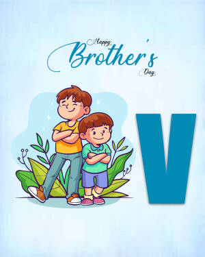 Illustration of two brothers with arms crossed and the letter 'V' in the background