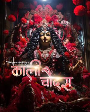 Close-up of Goddess Kali idol decorated with flowers and lights during Kali Puja