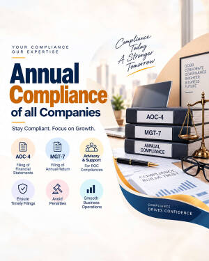 Professional flyer for annual company compliance services showing filing documents and corporate tools