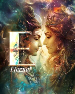Digital art depicting Shiva and Parvati with the letter 'E'