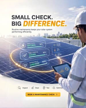 Solar technician inspecting solar panels on a roof with a digital tablet showing performance statistics