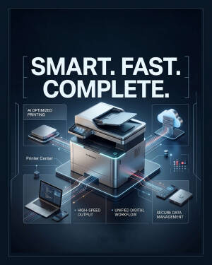 Modern AI optimized multifunction office printer connected to cloud and digital workflow devices