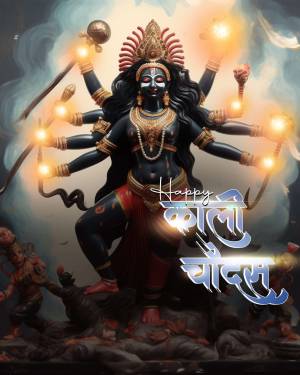 Image of Goddess Kali with multiple arms and flames, with text 'Happy Kali Chaudas'