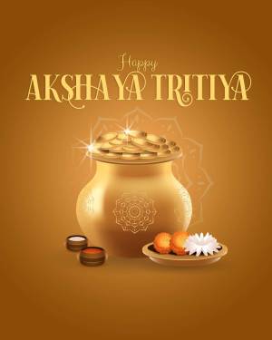 Akshaya Tritiya festive illustration with pot of gold, fruits, and flowers