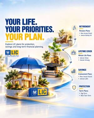LIC promotional poster featuring various insurance plans like retirement, lifetime cover, savings, and protection with illustrations of a house, coins, and graduation cap