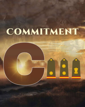 Image depicting the word 'Commitment' with military insignia and a cloudy sky.
