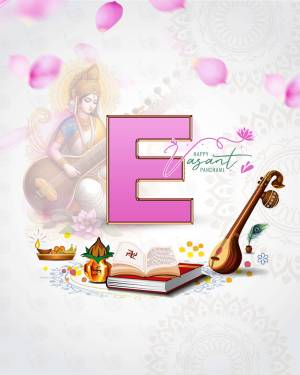 Basant Panchami celebration with the letter E and Goddess Saraswati