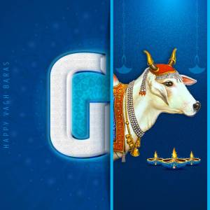 Image depicting a cow and the letter 'G' with festive decorations for Vagh Baras