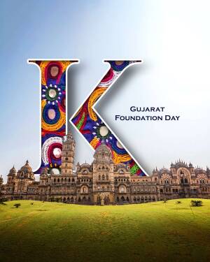 Letter 'K' decorated with Gujarati patterns over a landscape of Gujarat landmarks