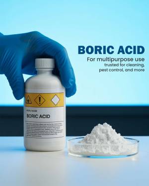 A hand wearing a blue glove holds a bottle of Boric Acid, with a pile of the powder next to it.