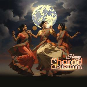Three women in traditional Indian attire performing a ritual under a full moon with 'Happy Sharad Utsav' text.