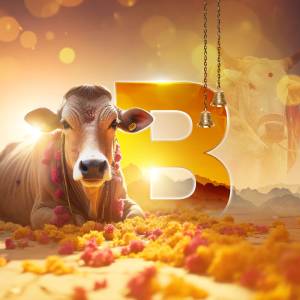 Image of a cow lying down with a large letter 'B' and floral decorations.
