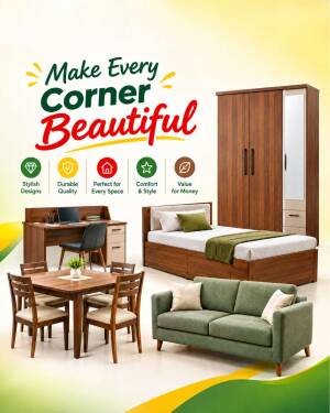 A collection of wooden furniture including a bed, sofa, dining table, and desk, with the headline Make Every Corner Beautiful.