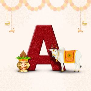 Akshaya Tritiya celebration with letter A, cow, and traditional elements
