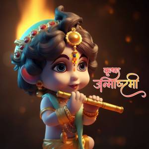 A digital illustration of baby Krishna playing a flute.