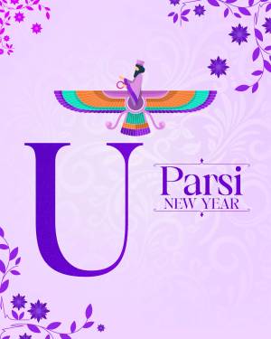 Illustration of Faravahar symbol with the letter 'U' and 'Parsi New Year' text.