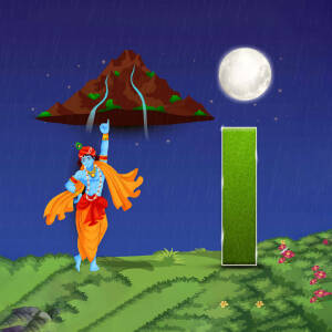 Illustration of Lord Krishna lifting Govardhan Hill to protect villagers from rain