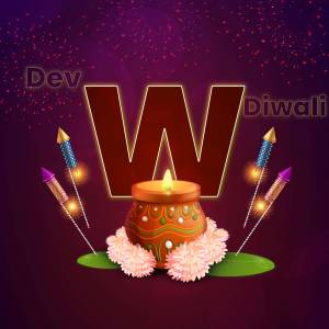 Letter W with Diwali decorations including a candle, fireworks, and flowers