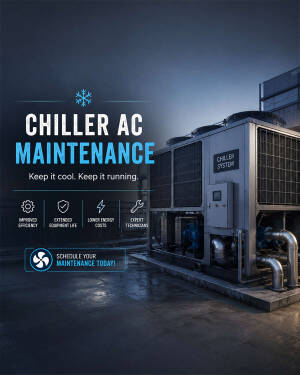 Industrial chiller AC unit on a rooftop with text overlay about maintenance services
