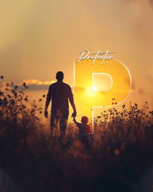 Silhouette of a father and son walking towards a large letter P during sunset