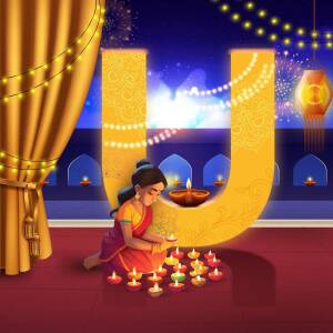 A woman kneeling and lighting diyas (oil lamps) during a Diwali celebration with a large golden 'U' in the background.