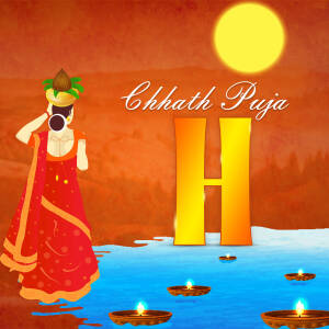 Illustration of a woman offering prayers during Chhath Puja with a rising sun and offerings in the water.