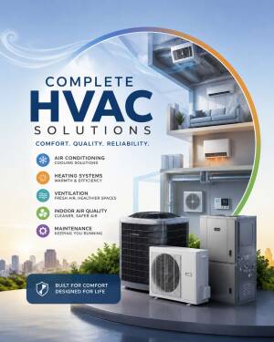 Professional HVAC solutions showcasing cooling, heating, ventilation, and air quality systems with modern home integration