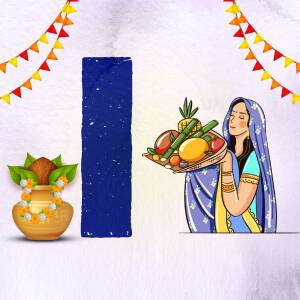 Illustration of a woman carrying a basket of fruits with Onam decorations