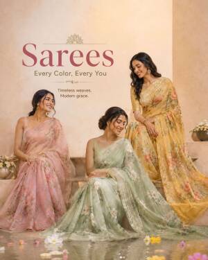 Three women modeling elegant floral print sarees in pink, green, and yellow