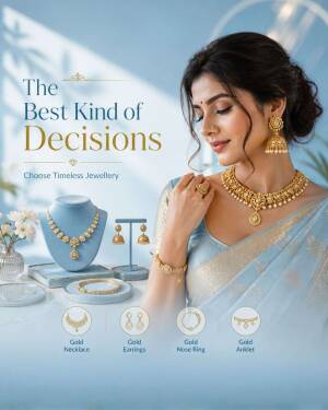 An elegant woman wearing traditional Indian gold jewellery, surrounded by gold necklaces, earrings, and nose rings on a light blue background.