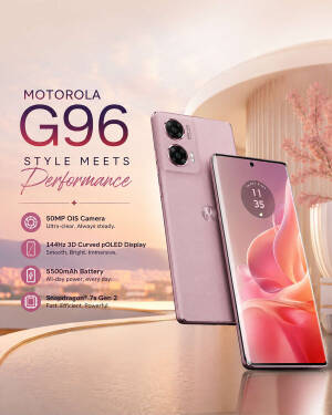 Motorola G96 smartphone with rose gold finish showcasing 50MP camera and curved pOLED display