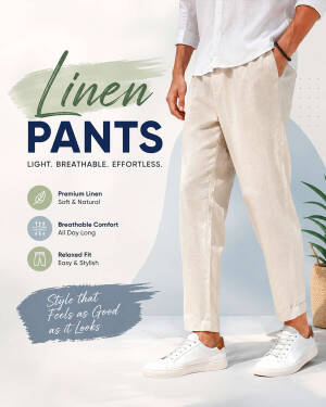 A man wearing comfortable beige linen pants with a white shirt, presented in a promotional graphic