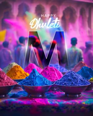 Dhulandi festival celebration with colorful powders and the letter 'M'