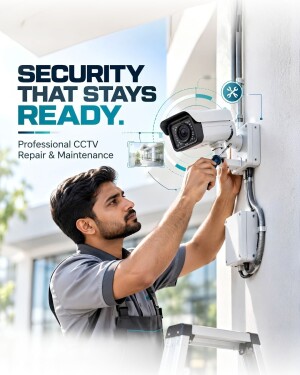 A technician repairing a security CCTV camera on a wall.