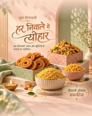 Assorted Indian festive snacks like chakli and sev served for Diwali celebration on a pastel background with a lit diya