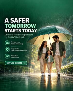 A family of three walking under a large green umbrella in the rain with text overlay for life insurance advertisement